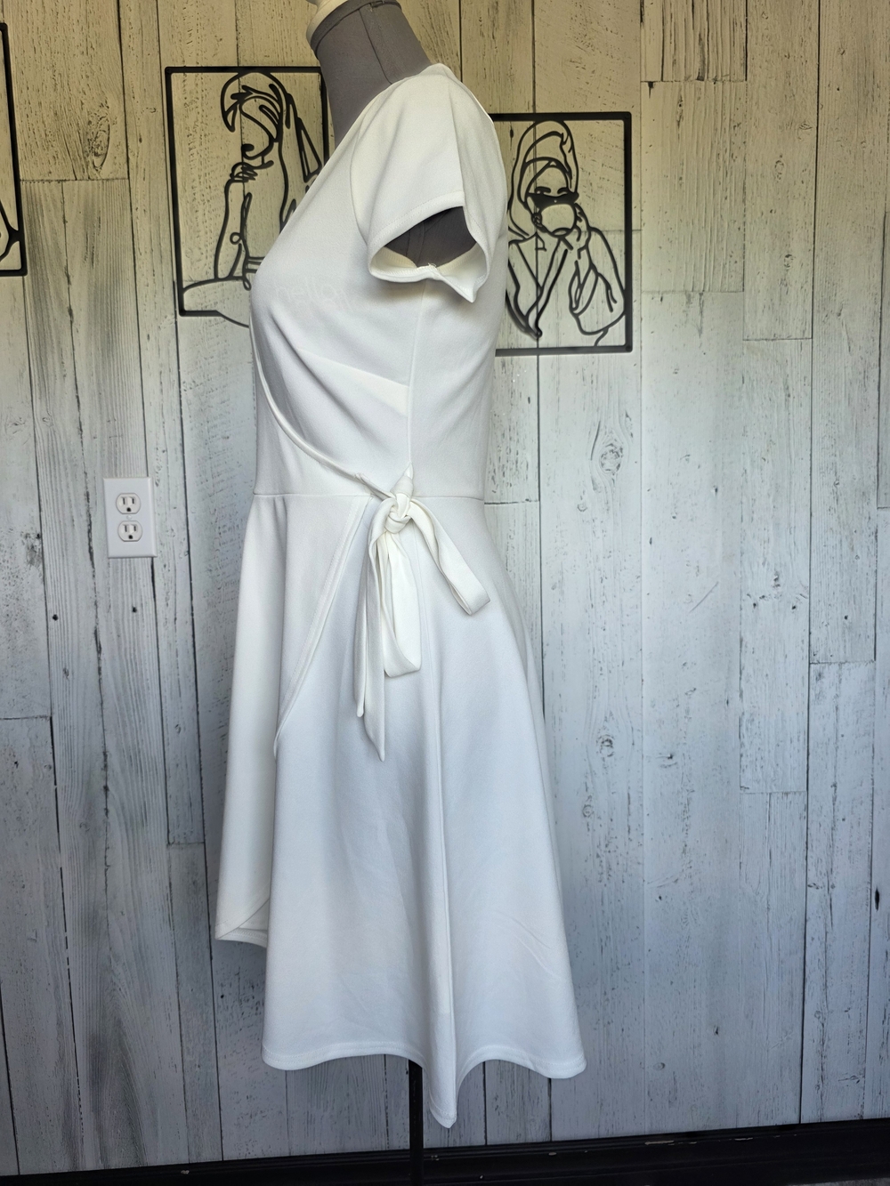 Revamped Ivory Faux Wrap Midi Dress | XL | Short Sleeve Tie Waist - Picture 2 of 10